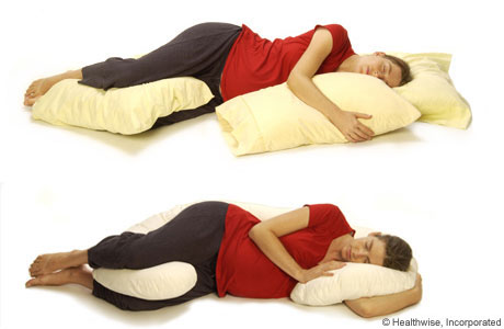 Person lying on their side and supported by pillows.