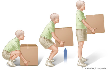 Person squatting in front of box, keeping back straight while lifting box by straightening legs, then holding box close to middle of body.