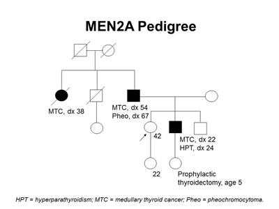 Pedigree showing some of the classic features of a family with a deleterious RET mutation across four generations, including transmission occurring through paternal lineage. The unaffected female proband is shown as having an affected brother (medullary thyroid cancer diagnosed at age 22 y and hyperparathyroidism diagnosed at age 24 y), father (medullary thyroid cancer diagnosed at age 54 y and pheochromocytoma diagnosed at age 67 y), and paternal aunt (medullary thyroid cancer diagnosed at age 38 y).