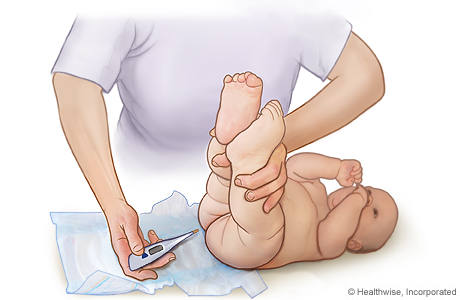 Taking a baby's rectal temperature.