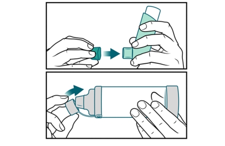 Person replacing caps on inhaler and spacer.