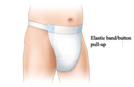 Pull-up adult underwear with elastic bands that attach to the front